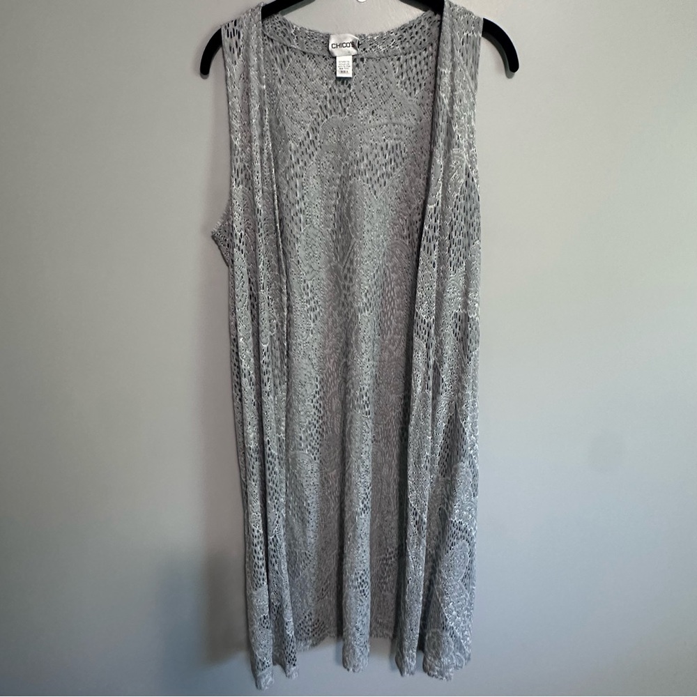 Chico’s Women’s Size 3 (XL) Gray Open Knit Duster Cardigan Sleeveless Long